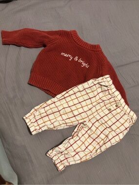 cloud island Red Knit "merry & bright" Sweater with Cream Plaid Pants